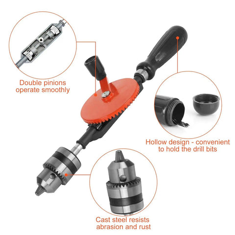 3/8 Inch Hand Drill With Manual Crank And 8 Piece Drill Bit Set Safe Double Pinions Design Adjustable Chuck 1.5 To 10mm