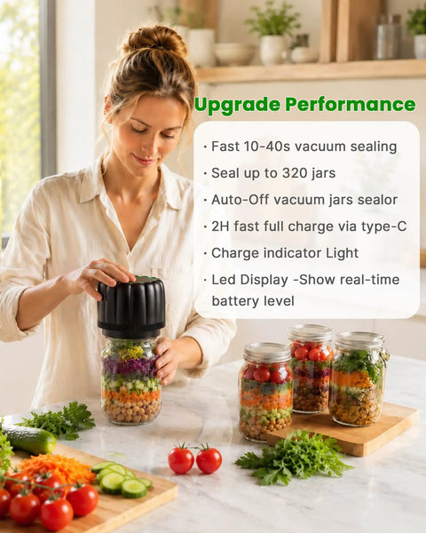 Woman using Mason Jar Vacuum Sealer Kit Cordless Auto Stop With 10 Lids For Wide And Regular Mouth Jars in kitchen setting