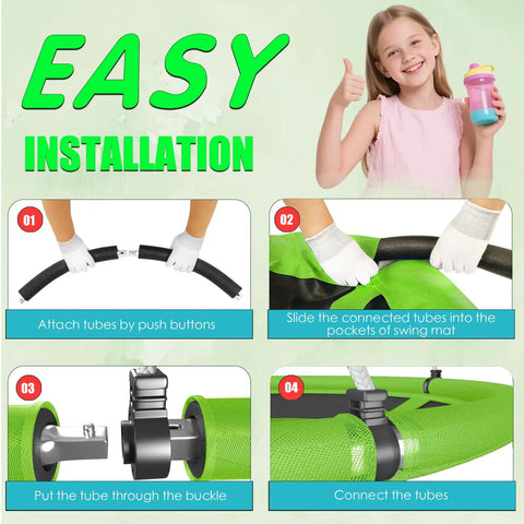 Instructional guide for assembling Large 48 Inch Saucer Tree Swing For Kids And Adults with step-by-step images