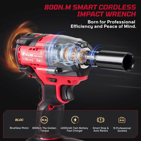 Brutal 12 Volt Cordless Impact Wrench With 800 Nm High Torque Brushless Motor, detailed design with digital components visible.