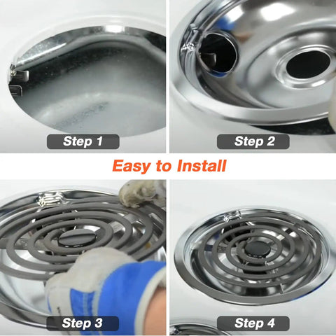 Installation steps for Chrome Burner Drip Pan Kit For Whirlpool Electric Ranges Includes 8 Inch And 3 Inch And 6 Inch Drip Pans Replaces OEM 0089285 0091813 0304979 0310228 Easy To Clean And Rust Proof
