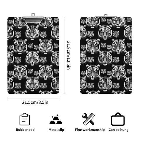 Heavy Duty Acrylic Clipboard With Black And White Tiger Print Thick Clear Clipboard For Office And Warehouse Fits Letter Size Papers Durable Writing Surface Easy Hanging Hole Sturdy Sleek Clipboard Accessory, 8.5 x 12.5 in front view