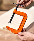 4-Inch C Clamp With 400 LB Clamping Force For DIY Projects And Light Woodworking, Zinc Plated Acme Screw, 3 Inch Throat, shown in hand