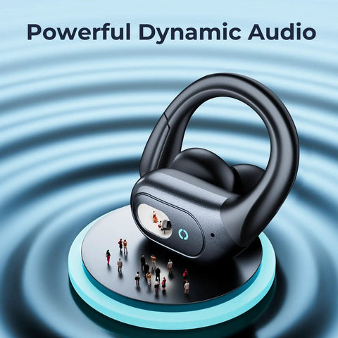 Game-Changing Active Noise Cancelling Earbuds With 90 Hours Playback on display, matte black with over-ear hook design