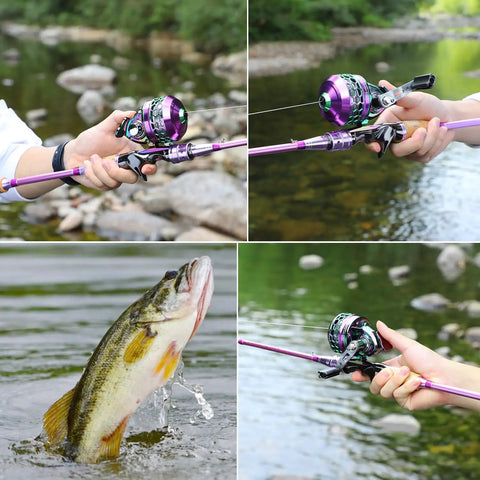 Spincast Fishing Rod And Reel Combo, 6 Foot Two Piece Medium Heavy Pole with Smooth Reel, in use near riverbank.