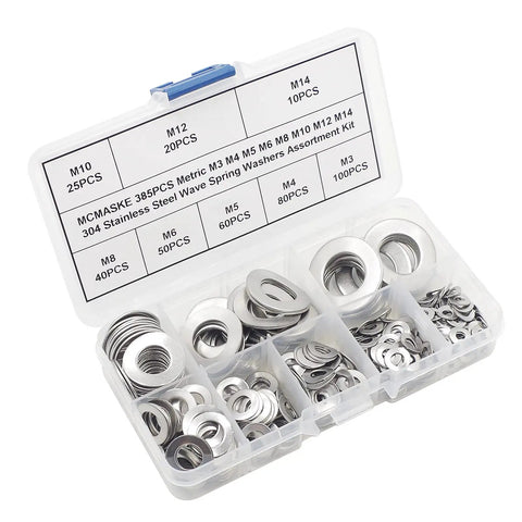 Premium Metric Wave Spring Washer Assortment Kit 304 Stainless Steel 385 Piece Set in storage box for M3 to M14 bolts.