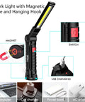 Rechargeable LED Work Light With Magnetic Base And Hanging Hook 360 Degree Rotation For Gearheads In The Garage Car Repair Home And Camping Two Pack Type C Charging 6 Hour Battery Life, illustrating features such as magnet, switch, and USB charging