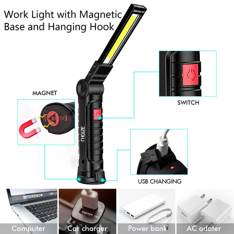 Rechargeable LED Work Light With Magnetic Base And Hanging Hook 360 Degree Rotation For Gearheads In The Garage Car Repair Home And Camping Two Pack Type C Charging 6 Hour Battery Life, illustrating features such as magnet, switch, and USB charging