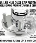 Double Pack 1.98 Inch Trailer Hub Dust Caps With Wheel Bearing Grease Covers showing detailed protection design and clarity.