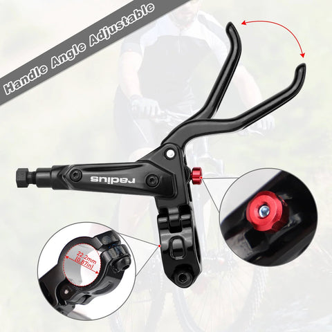 GRELiving hydraulic disc brake lever, front view, black lever with red angle-adjust dial for MTB/road bikes