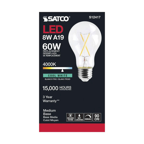 Dimmable LED Filament A19 Bulbs 8W 4000K 90 CRI Clear Glass Medium Base 120V 24 Pack For Home And Hotel Use Lit Displays
