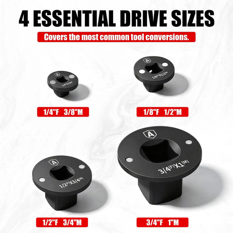 Low Profile Impact Socket Adapter Set For Tight Spaces With Cr Mo Steel Ratchet Converters To Go From 1/4 In To 3/8 In, 3/8 In To 1/2 In, 1/2 In To 3/4 In And 3/4 In To 1 Inch Like A Total Boss., four drive size impact socket adapters
