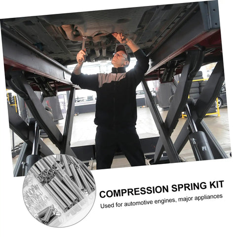 Ultimate 200 Piece Compression And Extension Springs Kit Assortment Set For Home Repairs, Vehicle Maintenance, And Electric Appliance Fixups You Need To Stock Up On Your Workshop Today. Steel compression springs in workshop, used for automotive engines and appliances.