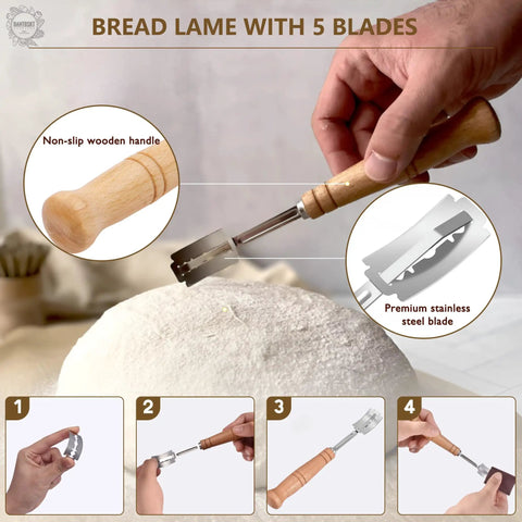 Hand holding bread lame with 5 blades from Sourdough Starter Kit With Glass Jar Banneton Bread Proofing Basket And 9 Inch Round Proofing Bowl