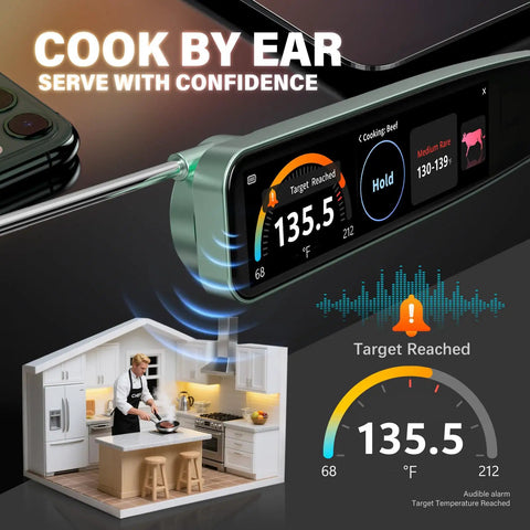 Instant Read Meat Thermometer With 3.8 Inch HD Touchscreen And Temp OS showing 135.5°F with cooking target graph and kitchen scene
