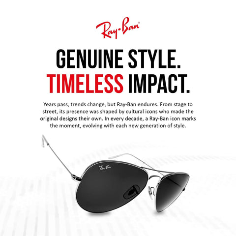 Ray-Ban sunglasses with black lenses and metal frames, depicted on a white background with "Genuine Style. Timeless Impact." text above.