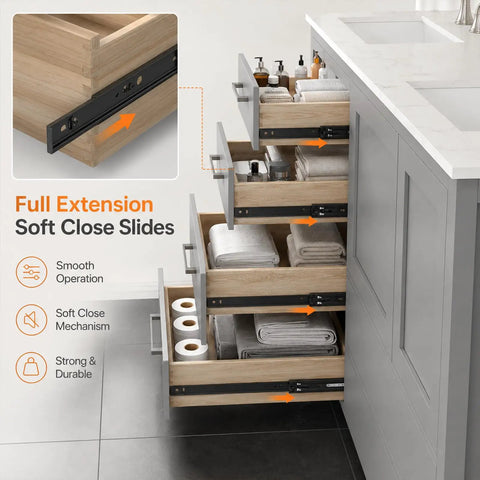 Rock Solid 96 Inch Bathroom Vanity With Double Sink And Pure White Quartz Countertop featuring pull-out drawers with soft close slides.