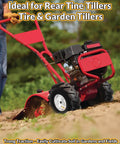 Heavy Duty Thirteen By Five Inch Rear Tine Tiller Tire And Wheel Set Four Ply Puncture Resistant Construction shown on garden tiller.