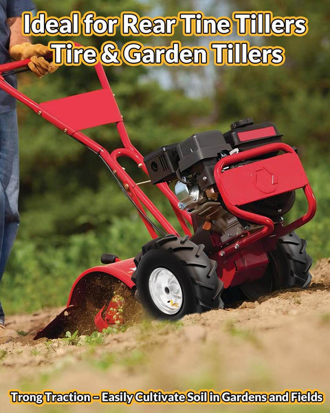 Heavy Duty Thirteen By Five Inch Rear Tine Tiller Tire And Wheel Set Four Ply Puncture Resistant Construction shown on garden tiller.