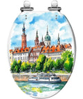 Elongated Resin Toilet Seat Quick Release for Bathroom with watercolor cityscape design and adjustable hinges.