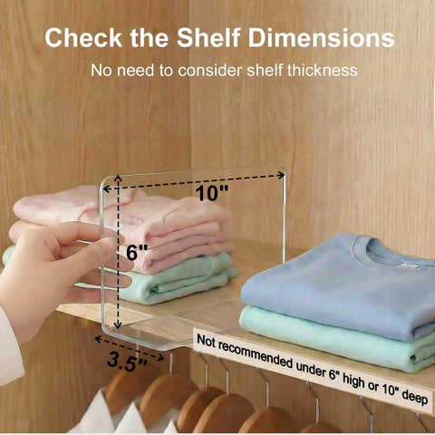 Top Rated Shelf Dividers For Closets And Dressers Compact Six Inch Vertical Blocks displayed with clothing stacks on a shelf.