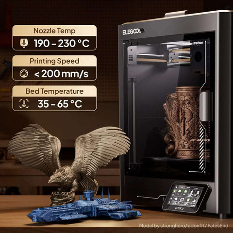 3D printer displaying a vase model printed with Metallic Bronze 1.75mm PLA Filament, 1kg Spool, showing realistic metal-look shine