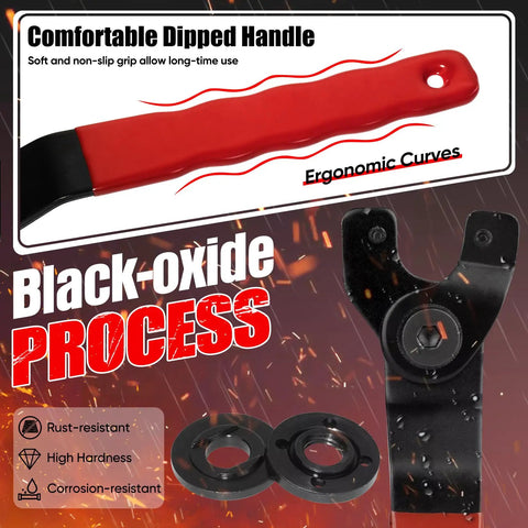 Angle Grinder Lock Nut Kit With 5/8-11 Flange Nuts And Adjustable Pin Wrench, close-up of ergonomic handle and nuts