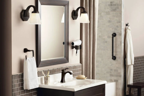 Bathroom with Voss Oil Rubbed Bronze Double Robe Hook Dope Bathroom Hardware With Easy Install Mounting Post Template And Hardware Corrosion Resistant Built To Last Lifetime Warranty YB5103ORB visible on wall near sink.