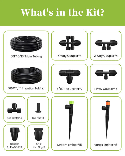 Components of Drip Irrigation System With Quick Connect Garden Watering Kit Featuring Two Adjustable Emitters Stream and Vortex.