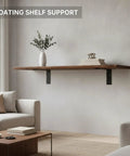 Floating shelf supported by hidden L shaped steel bracket for floating shelves black wall mount support in living room.