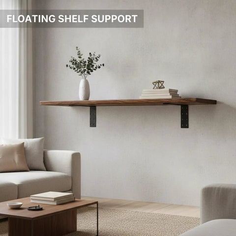 Floating shelf supported by hidden L shaped steel bracket for floating shelves black wall mount support in living room.