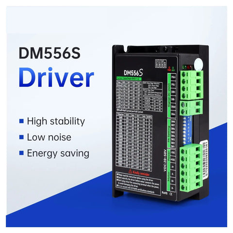DM556S Driver unit with specifications for high stability, low noise, and energy-saving for CNC machines.