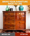 Top Shelf 2 In 1 Wood Cleaner And Furniture Polish Featuring Pure Orange Oil Spray shown on a restored wooden dresser.