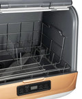Interior view of Portable Countertop Dishwasher Featuring 3 In One Wash Modes And 24 Hour Timer, showcasing stainless steel racks and control panel.