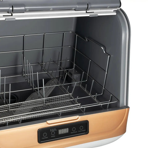 Interior view of Portable Countertop Dishwasher Featuring 3 In One Wash Modes And 24 Hour Timer, showcasing stainless steel racks and control panel.