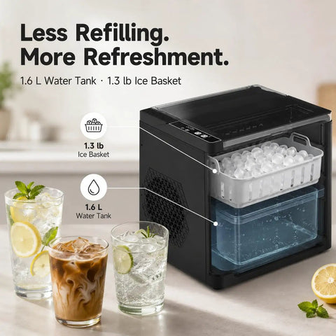 Portable Countertop Ice Maker Slings Nine Swift Bullet Cubes In Six Minutes And Cranks Out Twenty Six Pounds Daily With Silent Running And A Big Tank For Dorms Offices And Chill Hangouts with 1.6L tank and 1.3 lb ice basket.