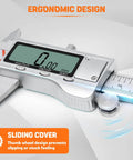 All Metal 12 Inch Digital Caliper Measuring Tool With Large LCD Screen Inch Metric Fraction For Home DIY Projects Includes Spare Batteries Back Cover Ruler And Screwdriver showing ergonomic design and sliding cover