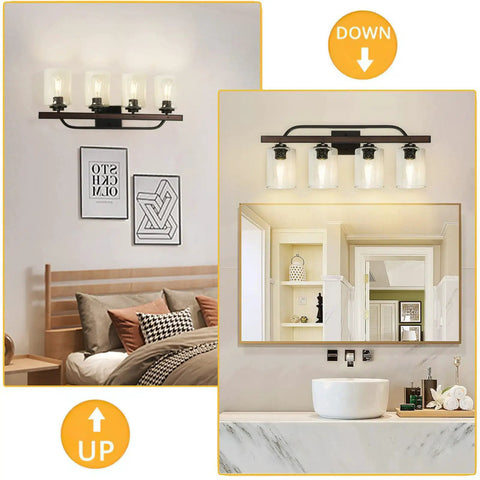 Farmhouse 4 Light Vanity Fixtures With Seeded Glass Shades in bedroom and bathroom settings, E26 base, mounted up and down