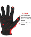 Back view of a large red and black glove with 5mm foam padding and touchscreen fingers. Three Pack High Dexterity Work Gloves For Men With Touchscreen Compatibility Enhanced Grip Foam Padding For Impact Protection Flexible Spandex And Lycra Panels For Dexterous Performance Multipurpose Large Size.
