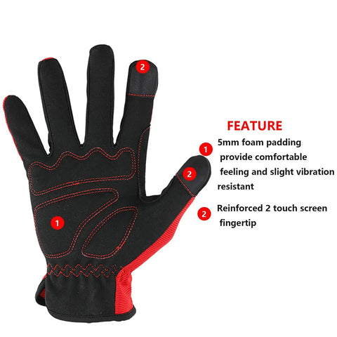 Back view of a large red and black glove with 5mm foam padding and touchscreen fingers. Three Pack High Dexterity Work Gloves For Men With Touchscreen Compatibility Enhanced Grip Foam Padding For Impact Protection Flexible Spandex And Lycra Panels For Dexterous Performance Multipurpose Large Size.