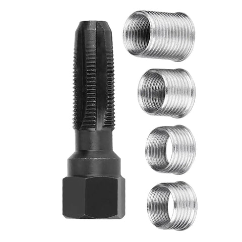 Carbon Steel 14mm Plug Rethread Tap Kit With Four Inserts For Damaged Thread Repair A Diy Friendly Pro Grade Tool Set That Restores Damaged Or Stripped Threads Fast In Motors Cylinders And Machinery, with tap and inserts