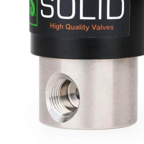 Close-up of Stainless Steel 1/4 Inch Electric Solenoid Valve 12V DC Normally Closed With Viton Seals, built tough industrial grade