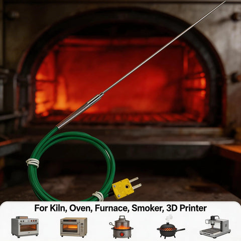 K-type thermocouple probe with 12-inch stainless steel tip and 47-inch silicone cable, yellow plug, kiln/oven use.