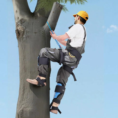 Person using Height Adjustable Tree Climbing Spikes With Straps And Cushioned Padding, Heavy Duty Steel Climb Spurs Supports Up To 350 Lbs