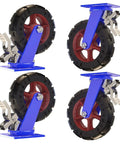 Heavy Duty Industrial Casters With Brakes Solid Rubber Wheels Ball Bearings Smooth Silent Roll Four Pack showcasing blue mounts and red wheels.