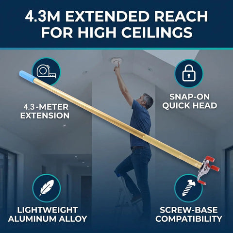 Extended Reach Smoke Detector Removal Tool With 4.3 Meter Aluminum Pole For High Ceilings, lightweight pole in use for high ceiling alarms.