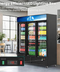 Big Daddy 56 Cu Ft Commercial Beverage Display Fridge With 3 Glass Doors showcasing LED lights and drinks in a modern setting.
