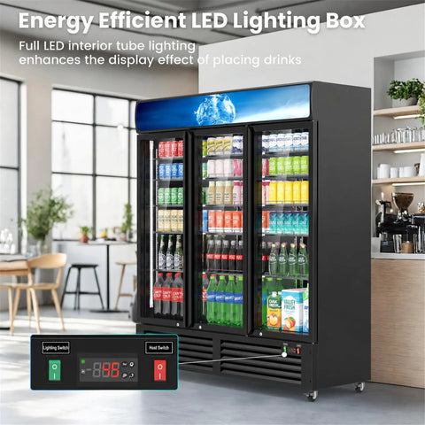 Big Daddy 56 Cu Ft Commercial Beverage Display Fridge With 3 Glass Doors showcasing LED lights and drinks in a modern setting.