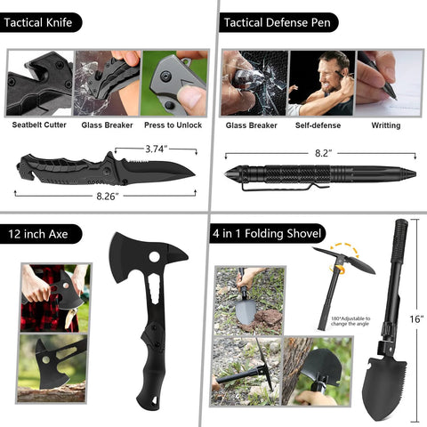 Front view of black emergency survival kit featuring tactical knife, defense pen, 12-inch axe and 4-in-1 folding shovel.
