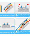 Instructions for using Three In Three Out Lever Nut Wire Connectors For Quick Push In Splice No Tools Needed Easy Snap In Terminal Block